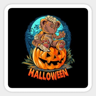 cute-halloween-teddy-bear-with-knife-sitting-pumpkin Sticker